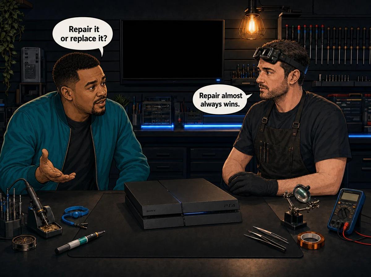 Illustrated graphic-novel scene of a Coloured (mixed-race) South African man in a teal jacket and a technician deciding whether to repair an ageing PS4 on the bench
