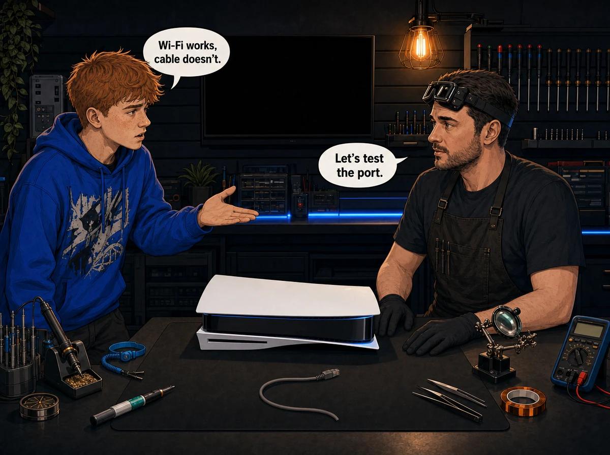 Illustrated graphic-novel scene of a white South African man with ginger hair in a blue hoodie showing a technician his PS5 and a loose network cable on the bench