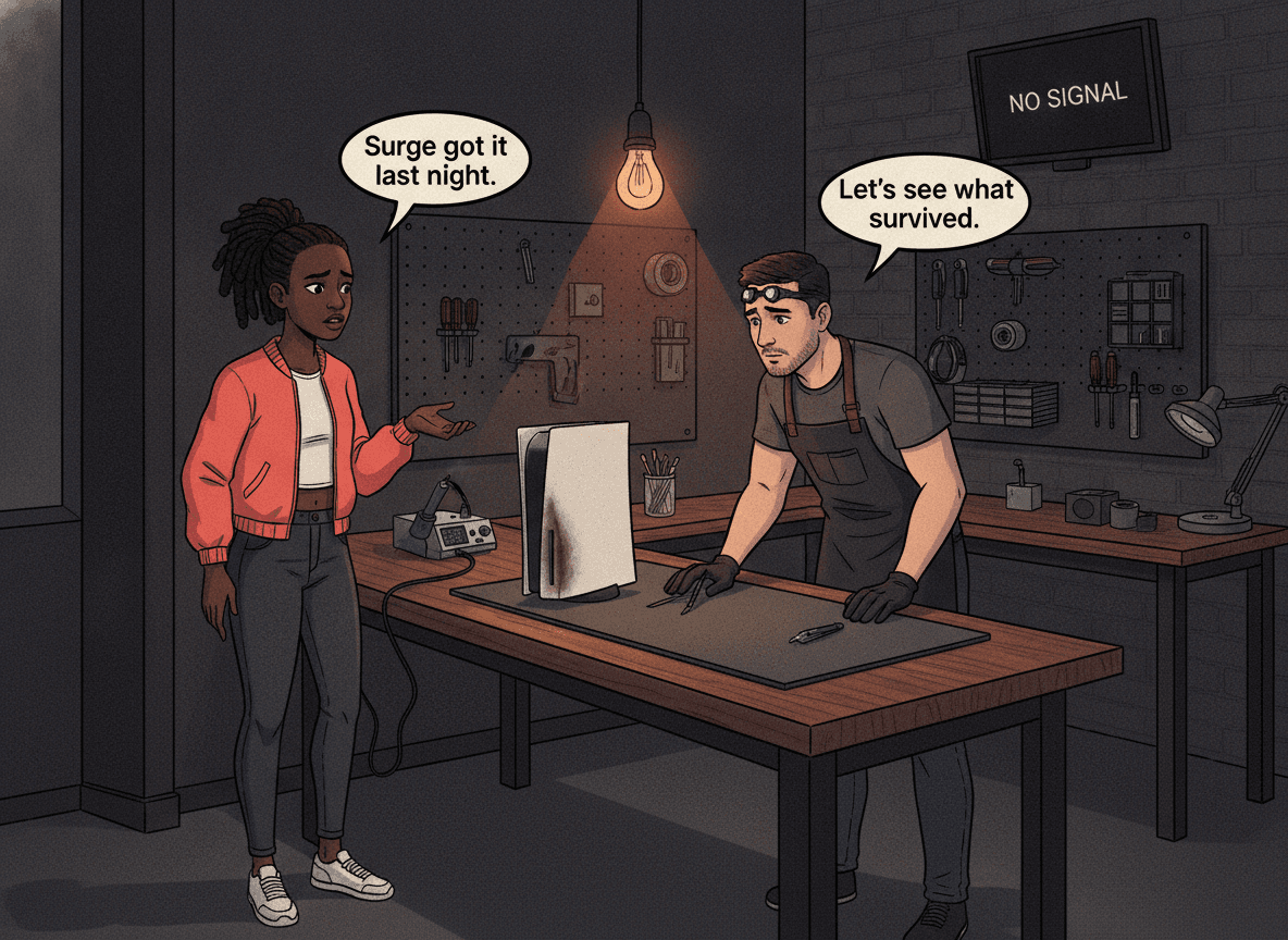 Illustrated graphic-novel scene of a black SA female gamer in a bright coral bomber jacket placing a damaged PS5 on the repair workshop bench; the recurring white-male tech in dark apron examines it while the wall monitor shows NO SIGNAL; speech bubbles read 'Surge got it last night.' and 'Let's see what survived.'
