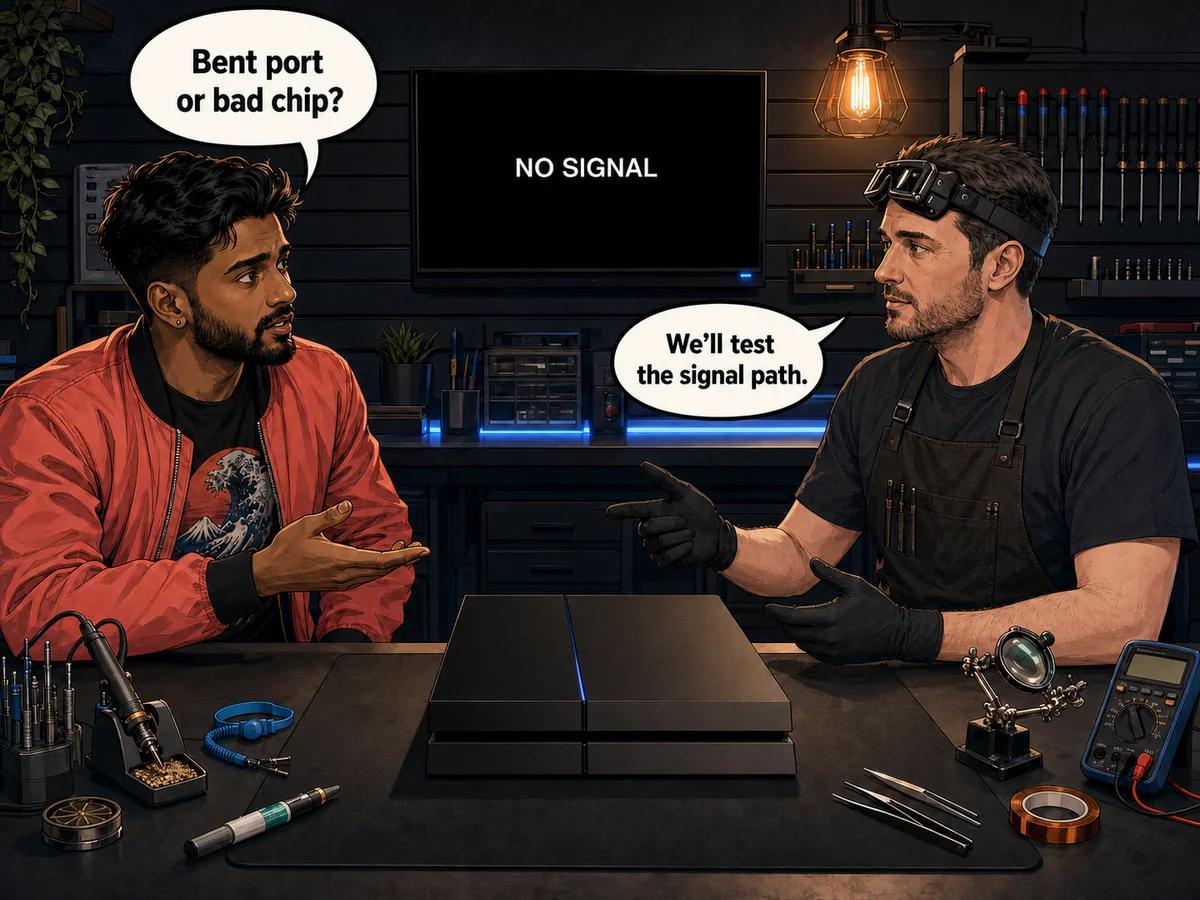 Illustrated graphic-novel scene of an Indian South African man and white technician beside a PS4 and NO SIGNAL test screen