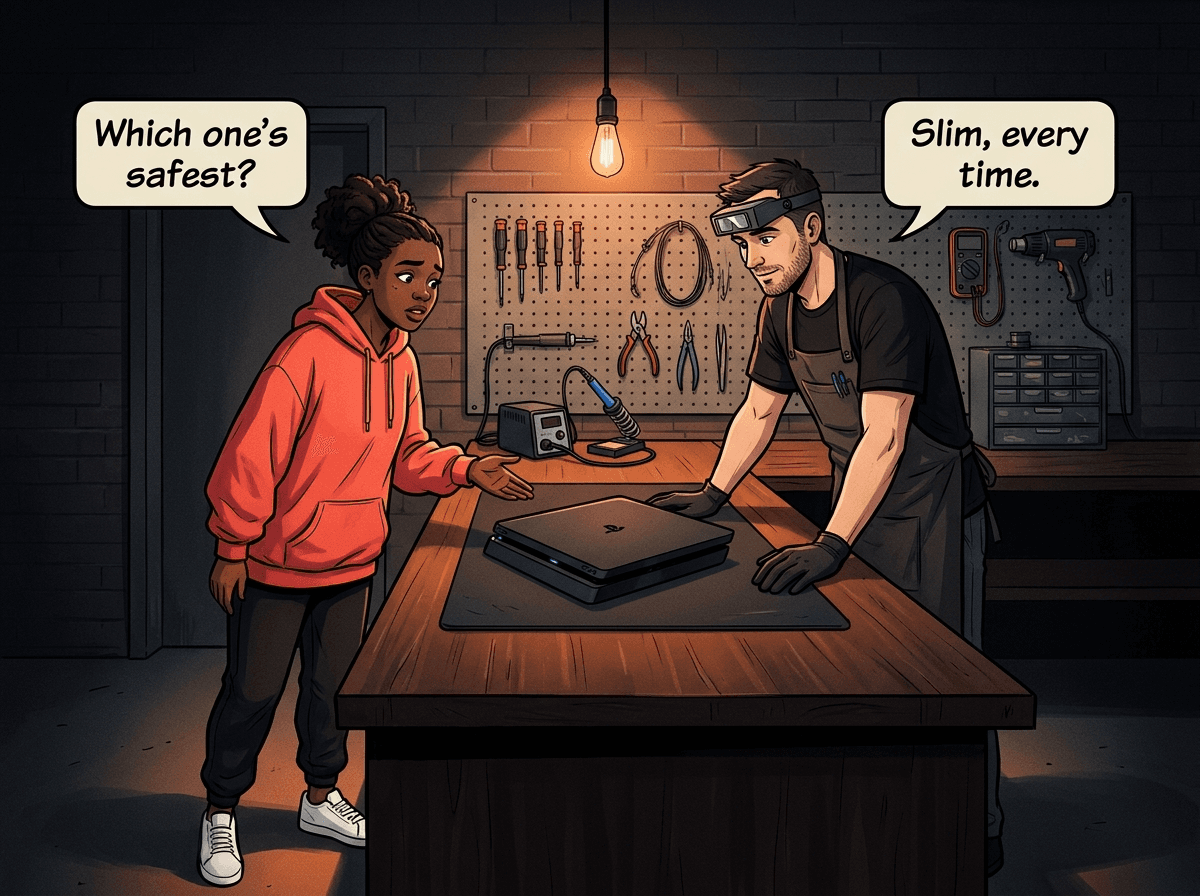 Illustrated graphic-novel scene of a young Black South African woman in a coral hoodie gesturing at a matte black PS4 Slim on the repair bench; white male tech in dark apron leans in to inspect it; speech bubbles read 'Which one's safest?' and 'Slim, every time.'