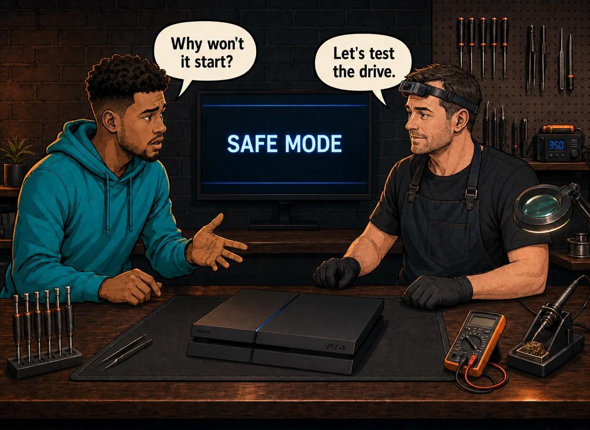 Illustrated customer and CSC technician beside a PS4 showing SAFE MODE, with speech bubbles asking why it will not start and suggesting a drive test