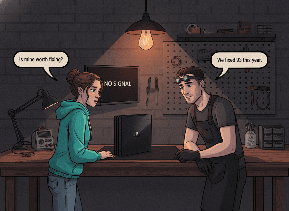 Illustrated graphic-novel scene of a white South African woman in her late 20s wearing a bright teal hoodie, setting a matte-black PS4 Slim on a modern dark repair workbench; the recurring white male technician in a dark apron leans in. The test monitor on the wall reads 'CANNOT READ DISC'. Customer speech bubble reads: 'Is mine worth fixing?' Tech speech bubble reads: 'We fixed 93 this year.'