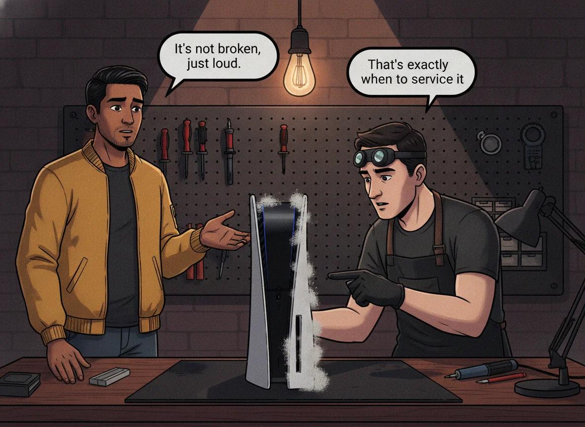 Illustrated graphic-novel scene of an Indian South African man in a mustard bomber jacket gesturing at a dust-clogged PS5 Disc console on the repair workshop bench; the recurring white-male tech in dark apron points at the dusty vents; speech bubbles read 'It's not broken, just loud.' and 'That's exactly when to service it.'
