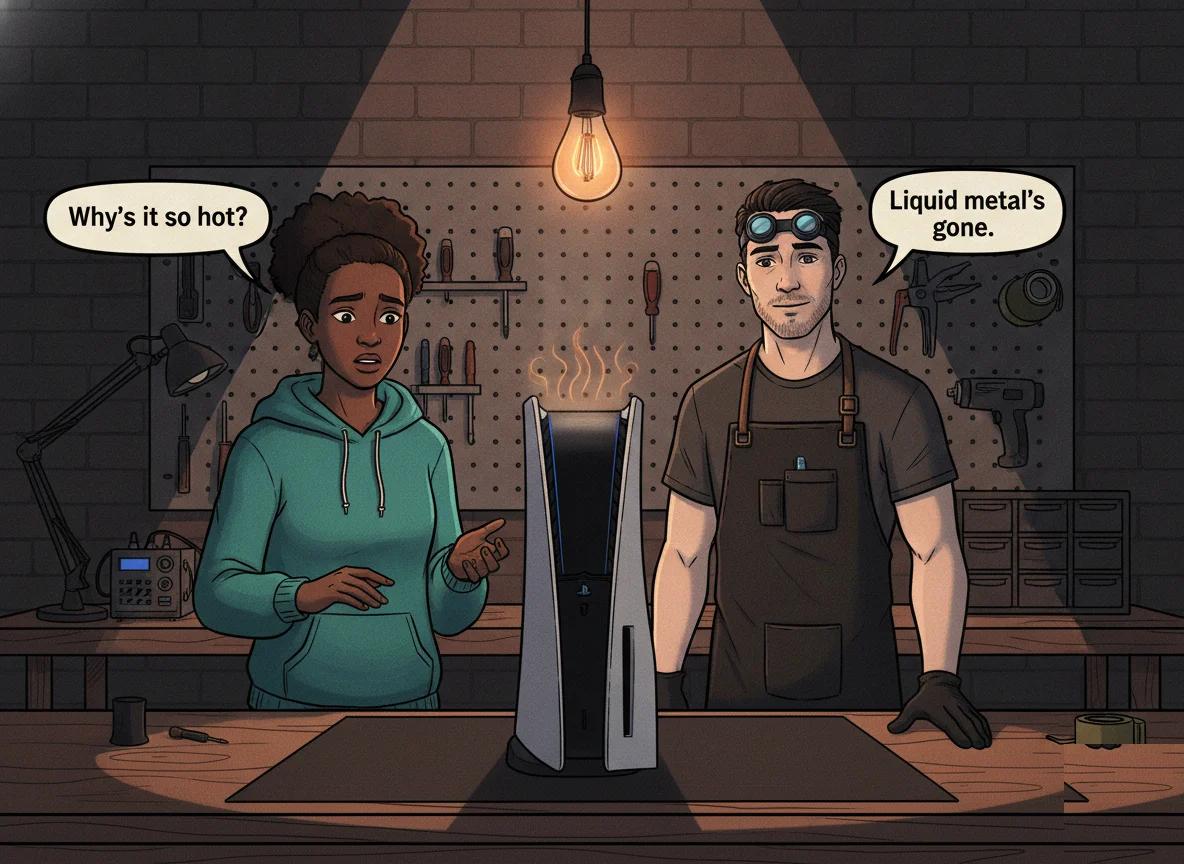 Illustrated graphic-novel scene of a Coloured South African woman and a white technician beside an overheating PS5 in a repair workshop
