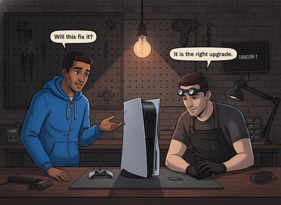Illustrated graphic-novel scene of a Black South African male in his early 30s wearing an electric blue hoodie, standing at a dark repair workbench with a PS5 Disc Edition; the recurring white male technician in a dark apron faces him. A test monitor on the wall shows a CE error code. Customer speech bubble reads: 'Will this fix it?' Tech speech bubble reads: 'It is the right upgrade.'