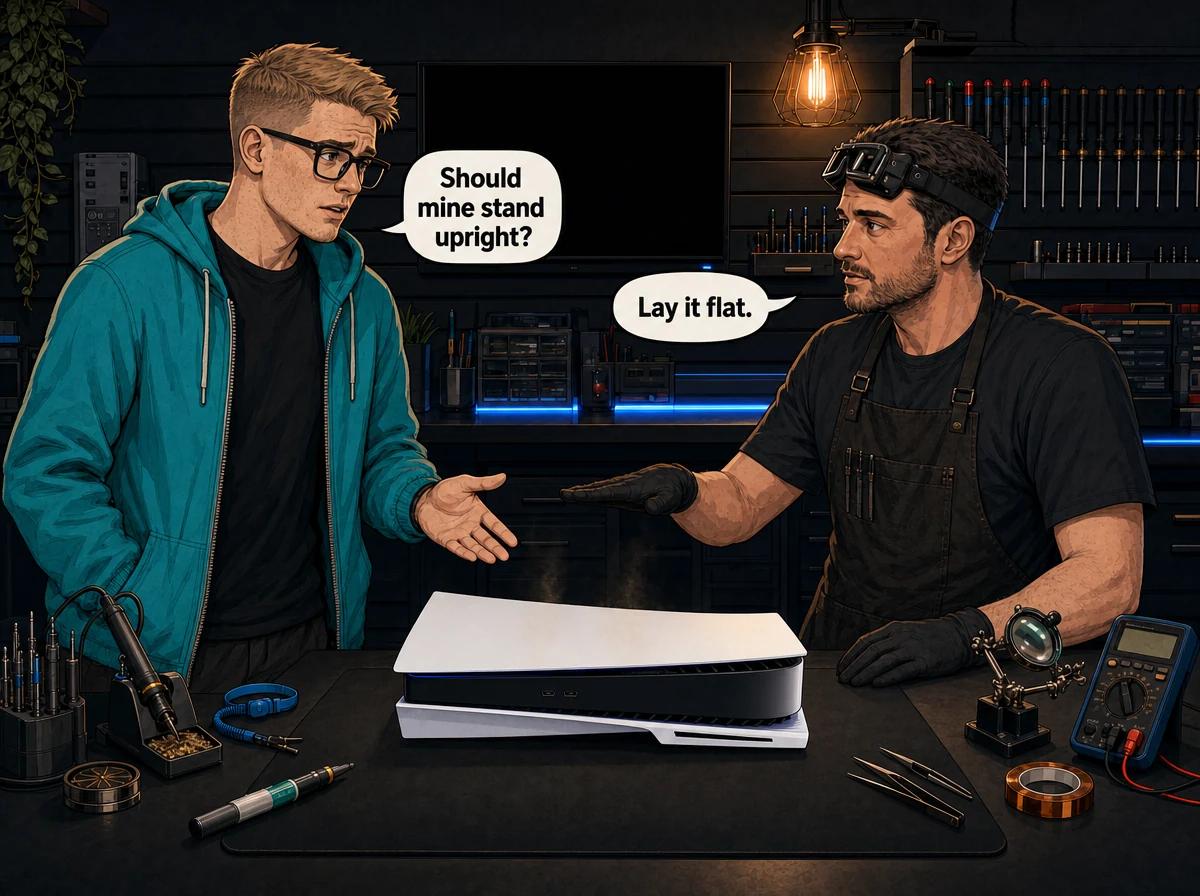 Illustrated graphic-novel scene of a white South African gamer asking a technician whether his PS5 should stand upright or lie flat on the workshop bench
