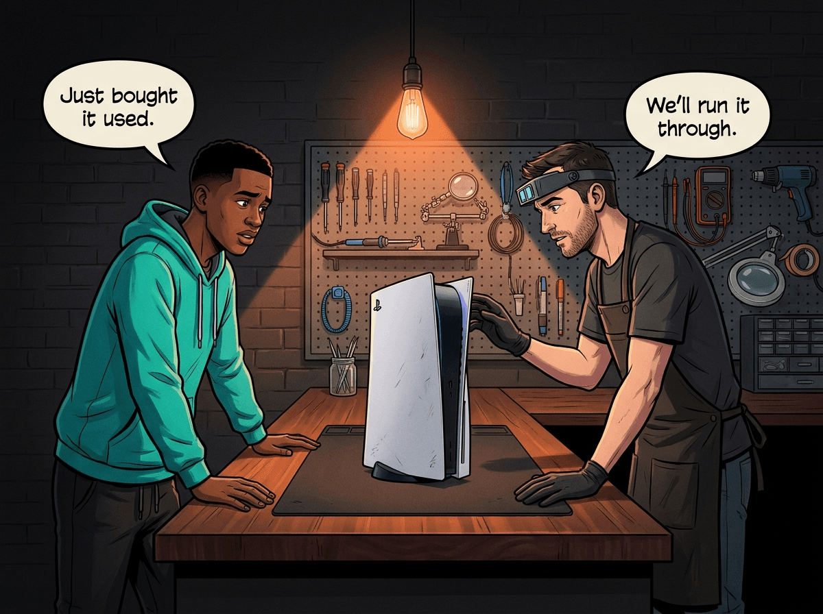 Illustrated graphic-novel scene of a young Black South African man in his late 20s in a streetwear teal hoodie standing at a repair workshop workbench, arms crossed, looking uncertain at a PS5 Disc Edition in front of him. Tech in dark apron examines it. Customer bubble reads: 'Just bought it used.' Tech bubble reads: 'We'll run it through.'