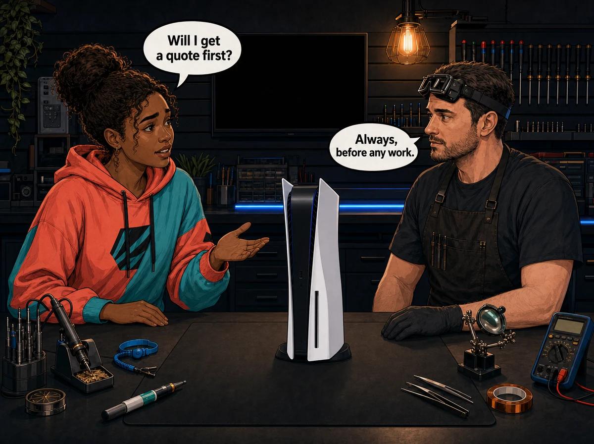 Illustrated graphic-novel scene of a Coloured South African woman gamer asking a technician for a quote before any work on her PS5 at the repair bench