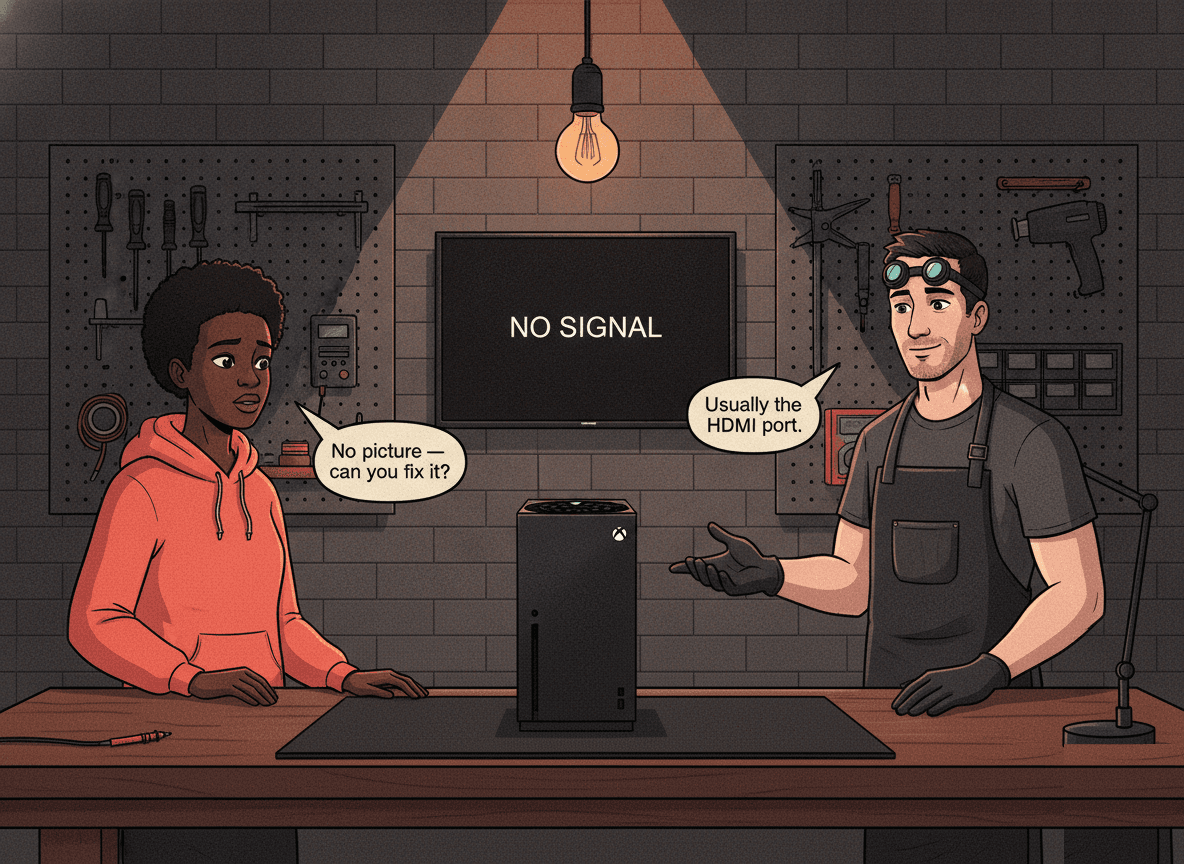 Illustrated scene of a Black South African woman at a modern repair bench, an Xbox Series X between her and the technician, TV behind showing No Signal. Bubble: 'No picture — can you fix it?'