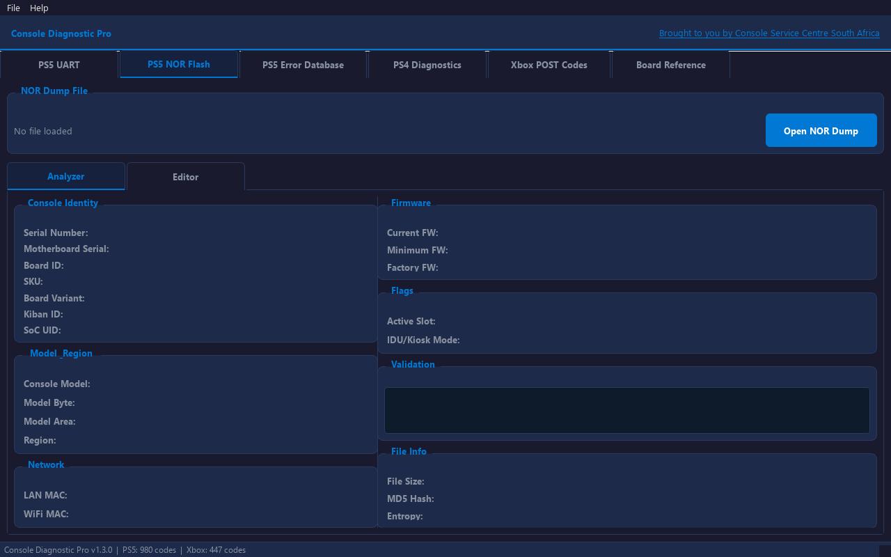 Console Diagnostic Pro PS5 NOR Flash tab showing console identity, firmware, flags and validation panels
