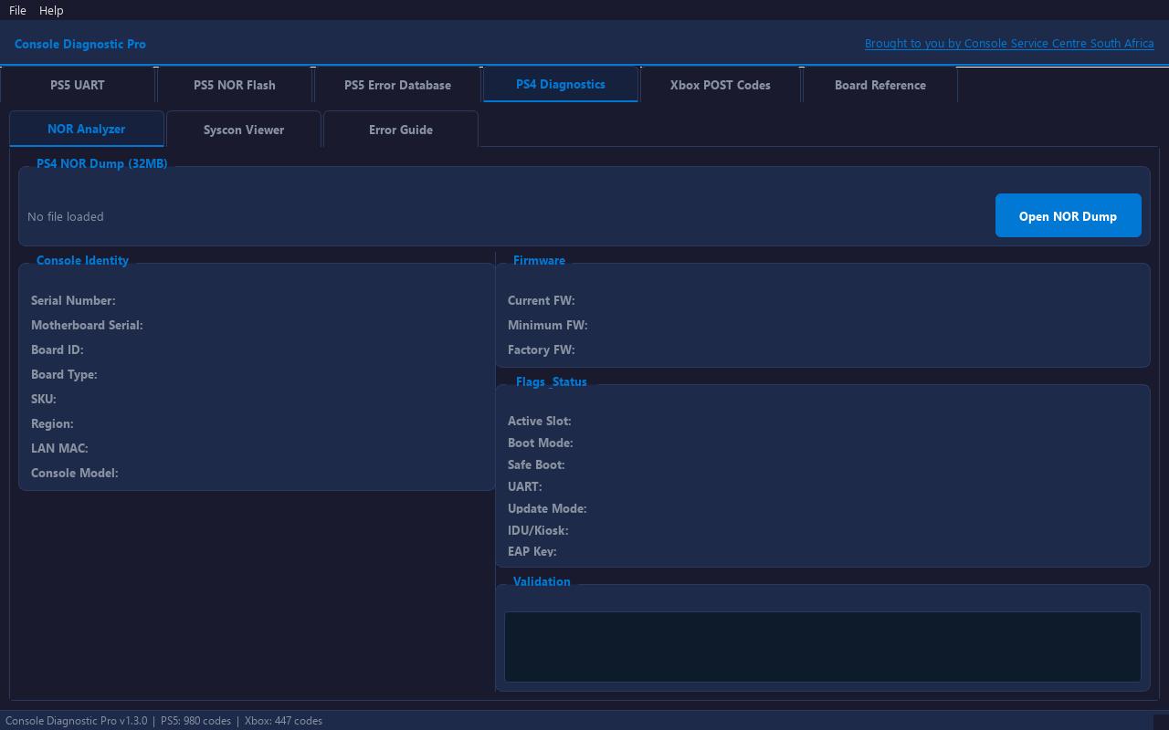 Console Diagnostic Pro PS4 Diagnostics tab with NOR Analyzer, Syscon Viewer and Error Guide sub-tabs