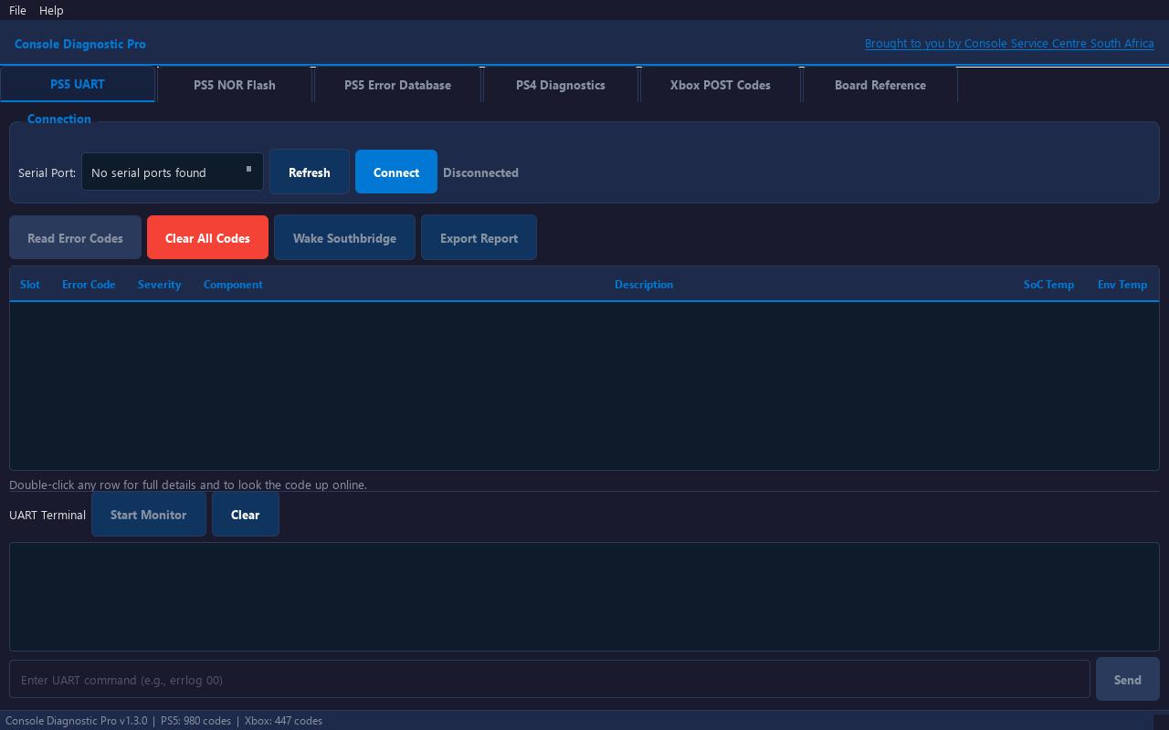 Console Diagnostic Pro PS5 UART tab with serial port connection, error code table and UART terminal