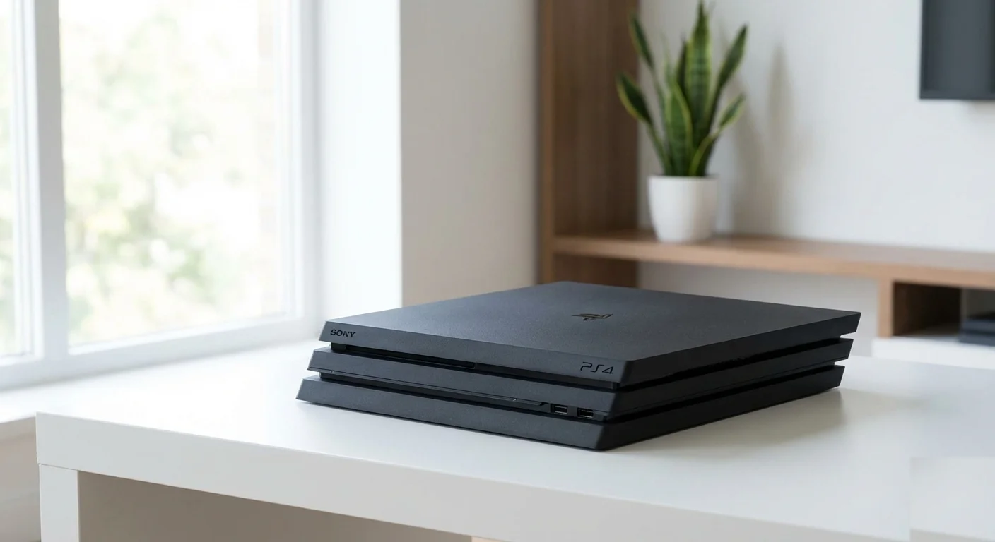 PS4 Pro console on a white desk in a bright minimalist room with natural light and a green plant
