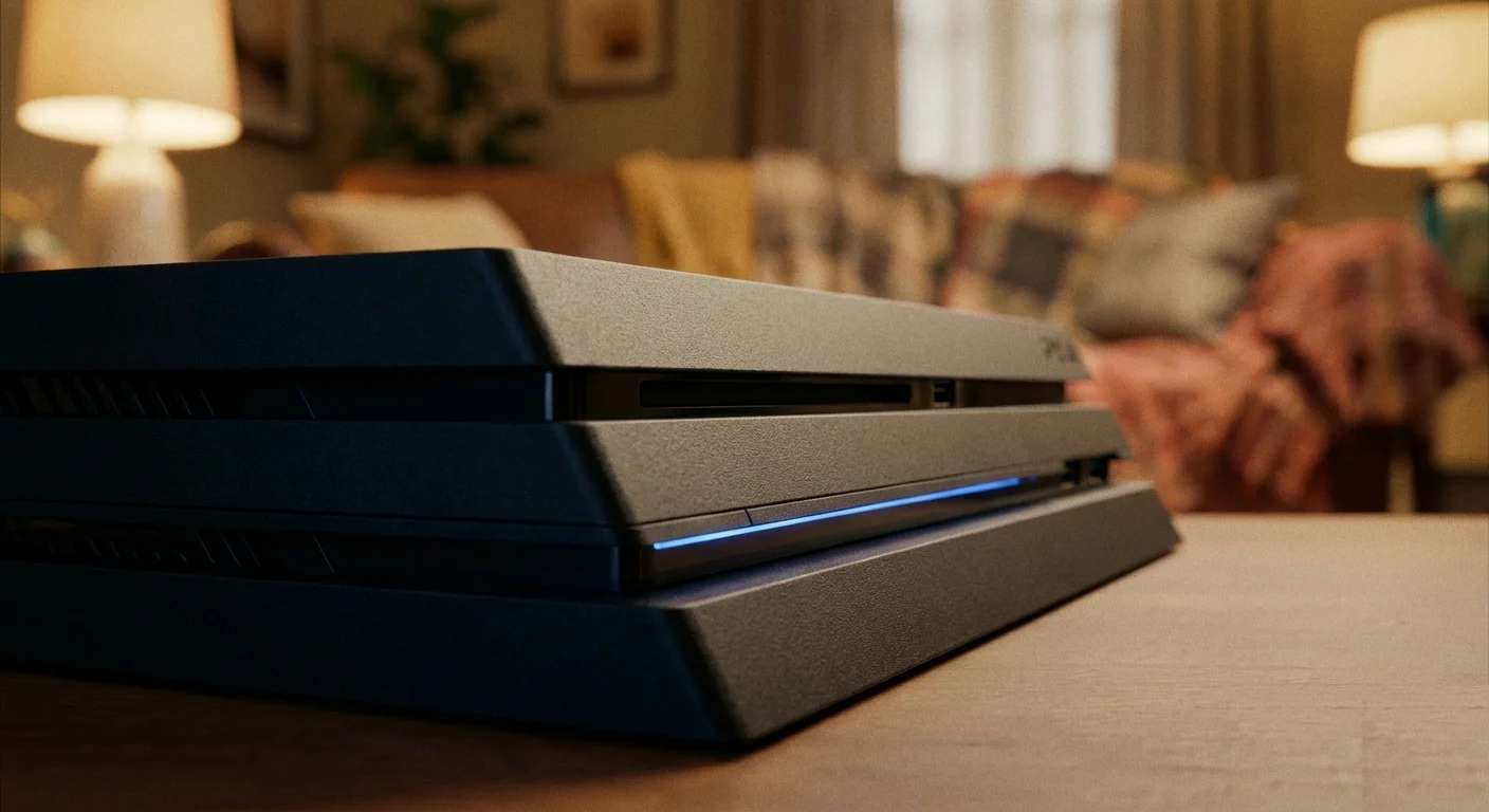 Close-up of a PS4 Pro showing the layered design and blue light bar strip with a warm blurred background