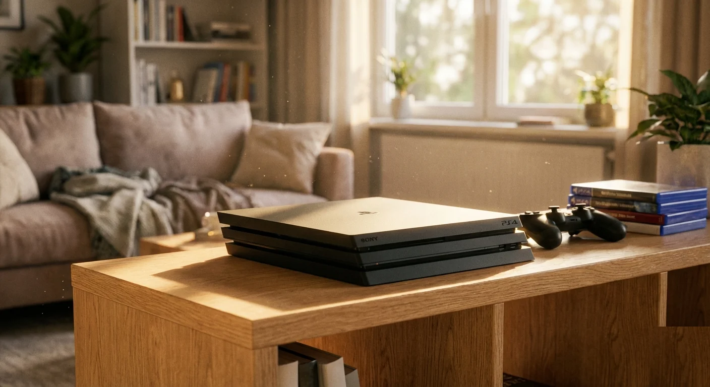 PS4 Pro on an oak table in a warm living room with golden afternoon sunlight and a controller nearby